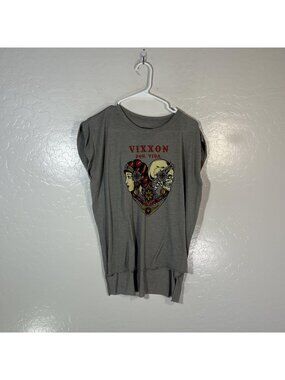 Vixxon Shirt Womens Large Gray Skull Tattoo Graphic Crew Cap Sleeve Top